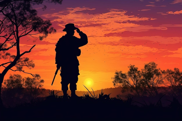 A silhouette of a soldier saluting in front of a sunset