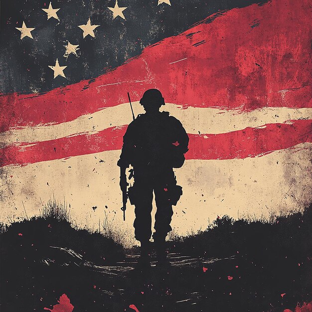 Photo a silhouette of a soldier standing in front of an american flag