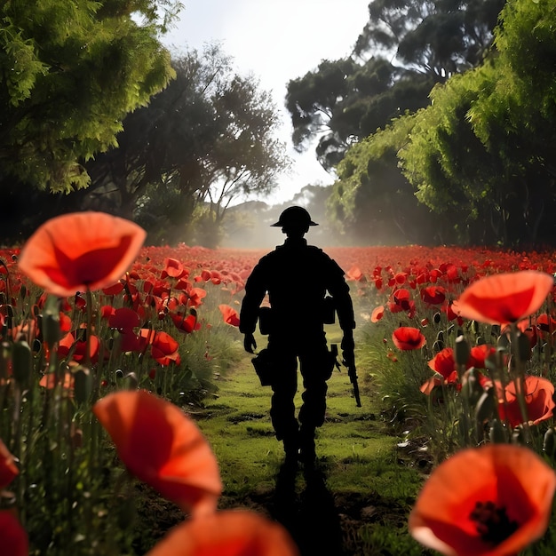 Silhouette soldier walking in the middle of a garden of red poppies with copy space area