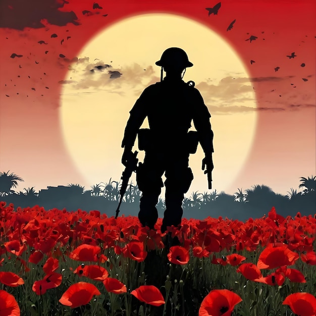 Silhouette soldier walking in the middle of a garden of red poppies with copy space area