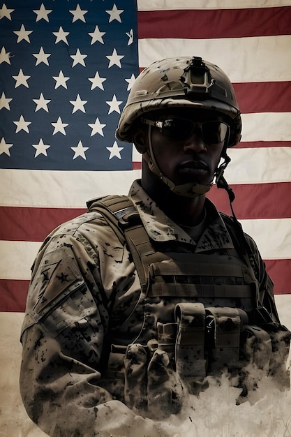 A silhouette of a soldier with background of USA flag