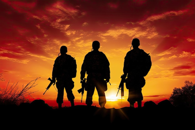 Silhouette of soldiers on the sunset background