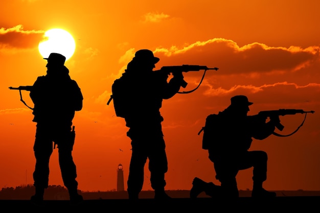 Silhouette of Soldiers team with sunrise