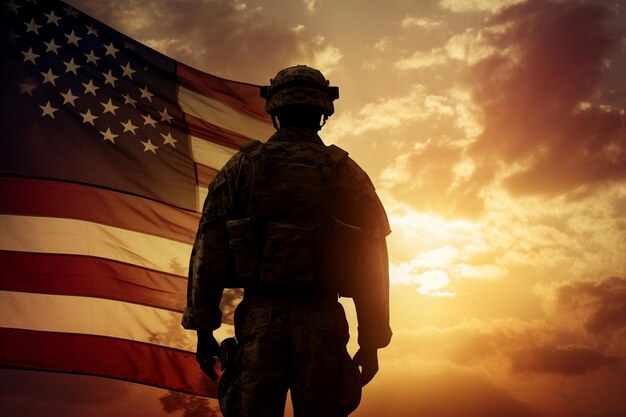 Silhouette of soldiers with American flag