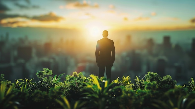 Silhouette of a solitary man overlooking a cityscape amid lush greenery against the warm glow