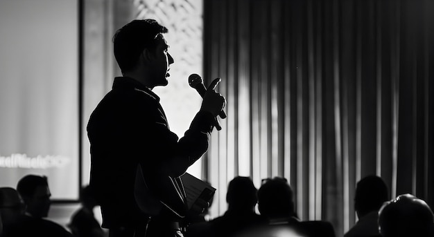 Silhouette of a speaker addressing a conference