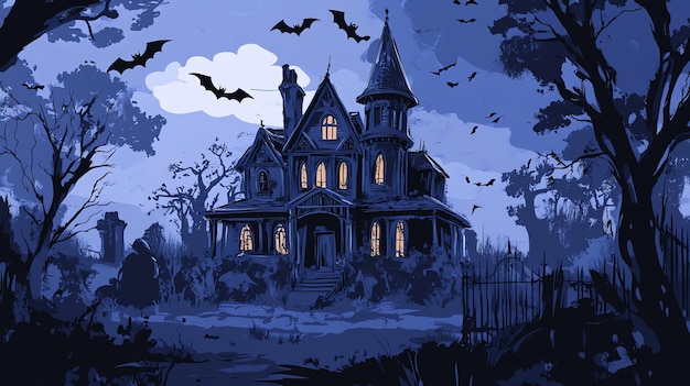 Silhouette of spooky Halloween haunted house with bats flying in the dark night sky illustration