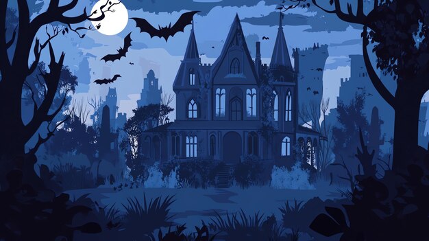 Silhouette of spooky Halloween haunted house with bats flying in the dark night sky illustration