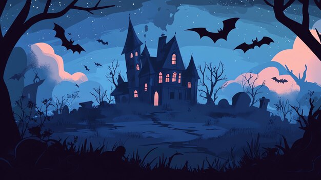 Silhouette of spooky Halloween haunted house with bats flying in the dark night sky illustration