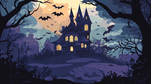 Silhouette of spooky Halloween haunted house with bats flying in the dark night sky illustration