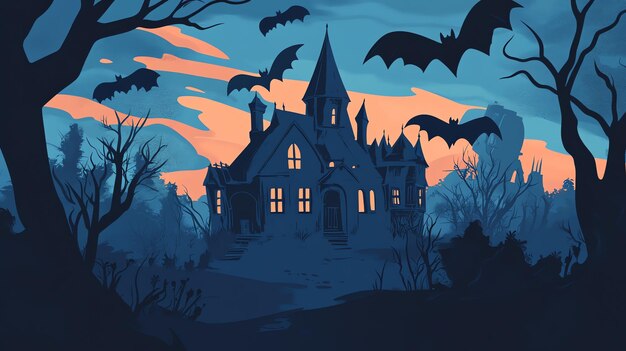 Silhouette of spooky Halloween haunted house with bats flying in the dark night sky illustration