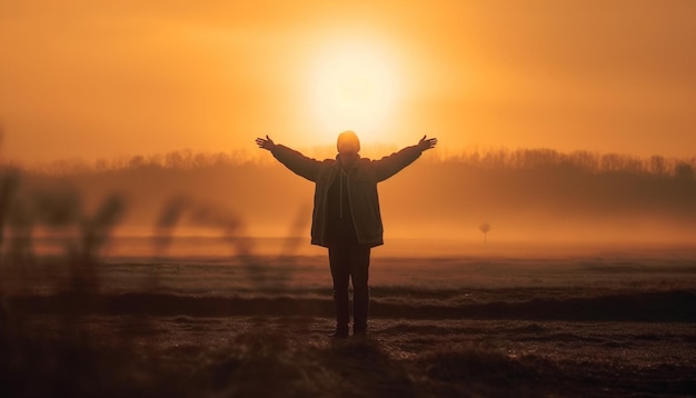 Silhouette standing arms raised enjoying carefree sunset generated by AI