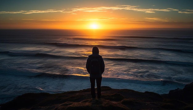 Silhouette standing on cliff admiring tranquil sunset generated by AI