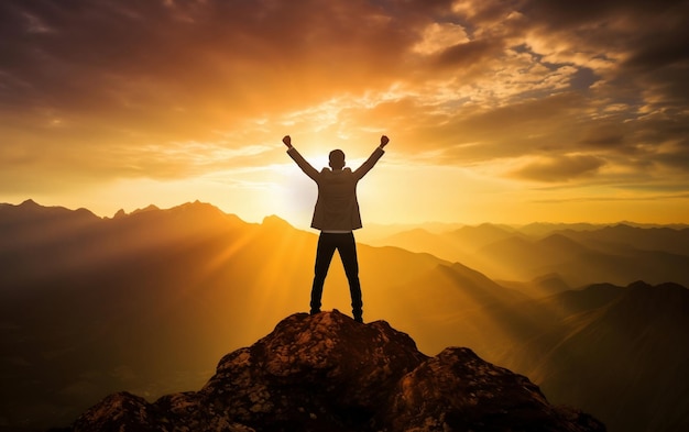 Silhouette of Successful Businessman Keeping Hands Up