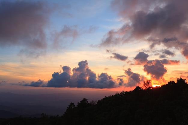 Silhouette sunset with cloud over Doi Inthanon National park at Chiang Mai Province Thailand