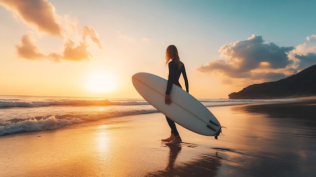 Photo silhouette of a surfer walking on a beach with a surfboard at sunset