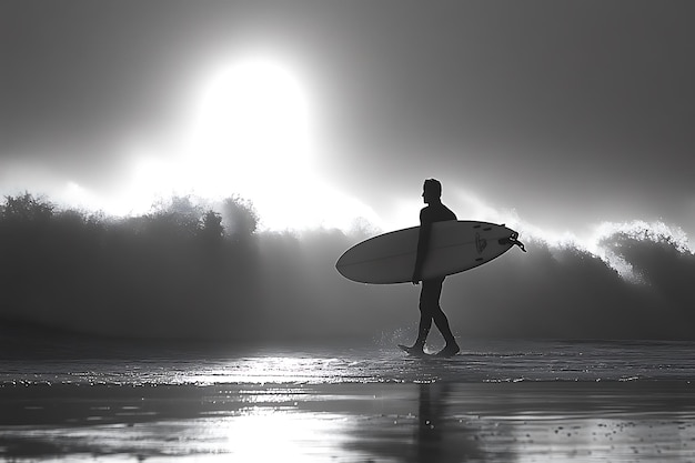 Photo silhouette of a surfer walking on the beach