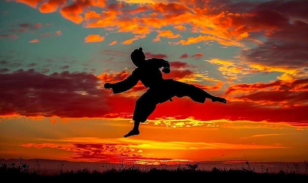 Silhouette of Taekwondo Master Performing a Jump Kick