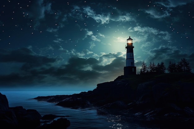 Silhouette of a tall lighthouse against a moonlit night sky