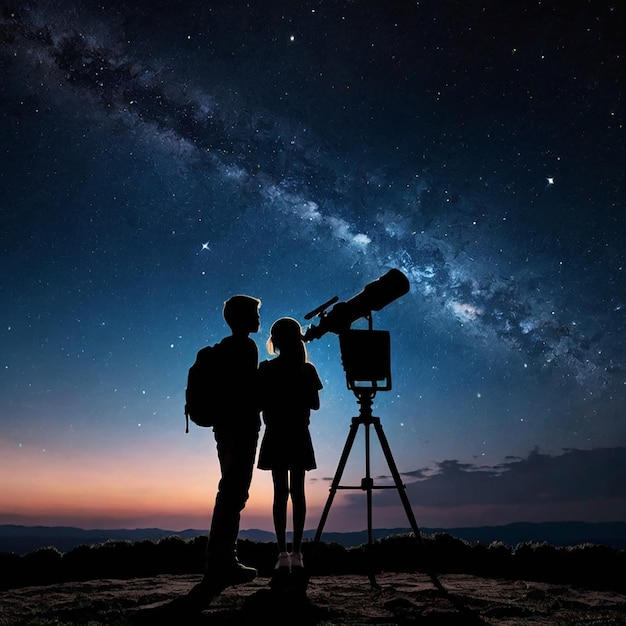 Silhouette of Telescope Elements of this image furnished by NASA The boy and girl are watching the night sky