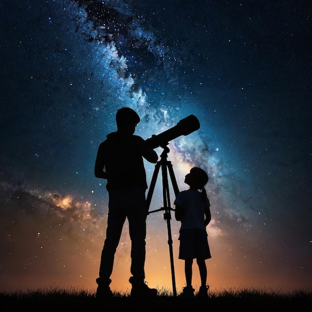 Silhouette of Telescope Elements of this image furnished by NASA The boy and girl are watching the night sky