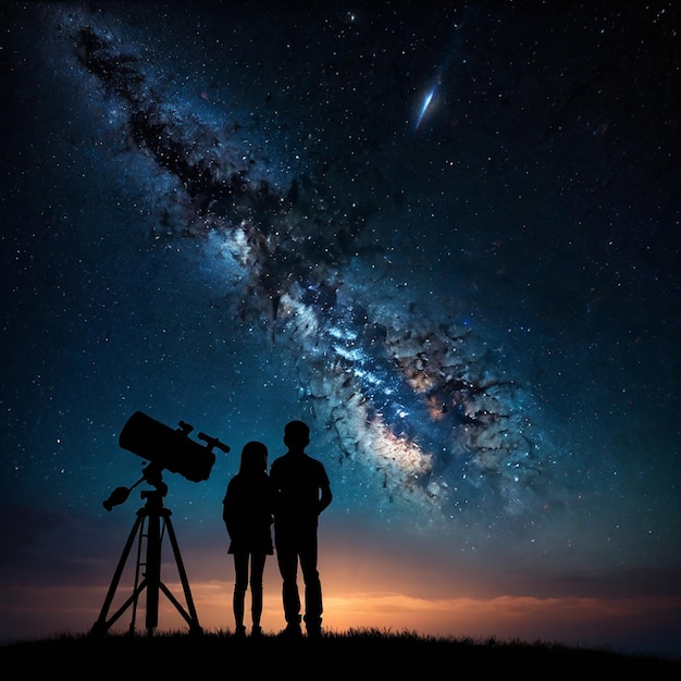 Silhouette of Telescope Elements of this image furnished by NASA The boy and girl are watching the night sky