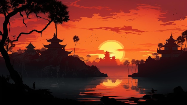 Silhouette temple sunset background