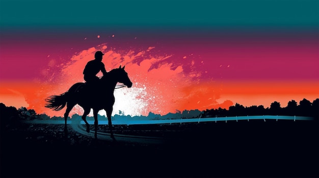 Silhouette of thoroughbred and jockey Horse at night Generative Ai