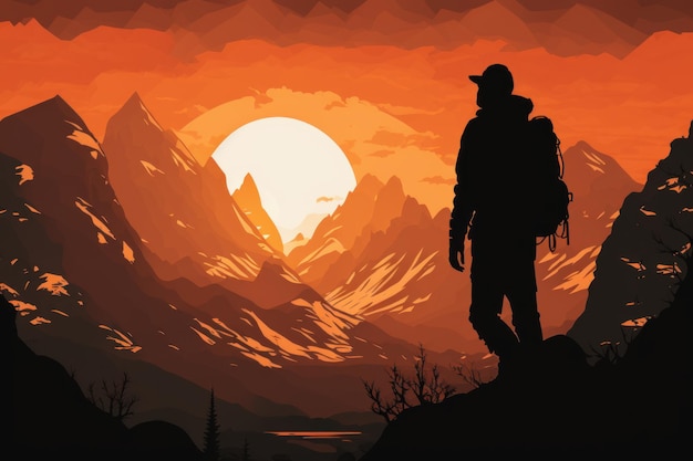 Silhouette of tourist that is in the mountains sunset time Beautiful illustration picture Generative