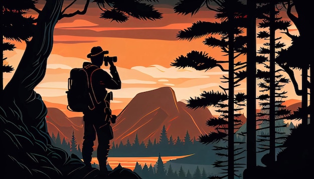 Silhouette of a tourist with a backpack on a cliff looks in the binoculars Landscape of the forest