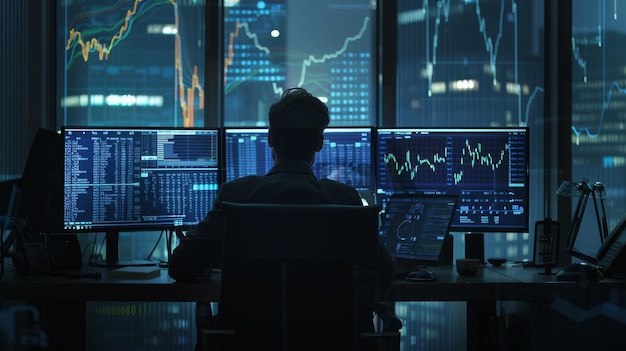 A silhouette of a trader sitting in front of multiple screens displaying financial data charts work