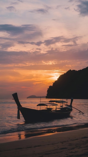 Photo silhouette of a traditional long tail boat beach sunset