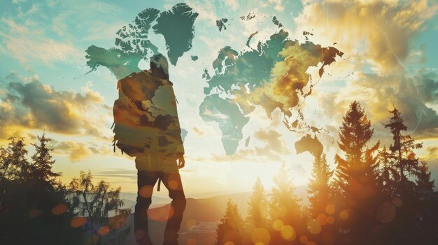 Photo a silhouette of a traveler with a backpack stands against a sunset with a world map overlay s