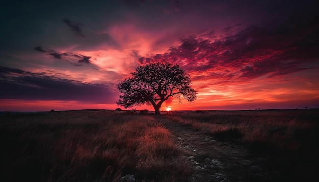 Silhouette of tree against dramatic moody sky generated by AI