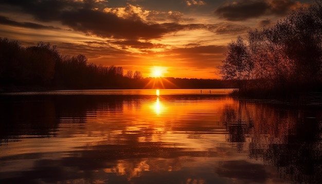 Silhouette of tree against vibrant sunset sky generated by AI