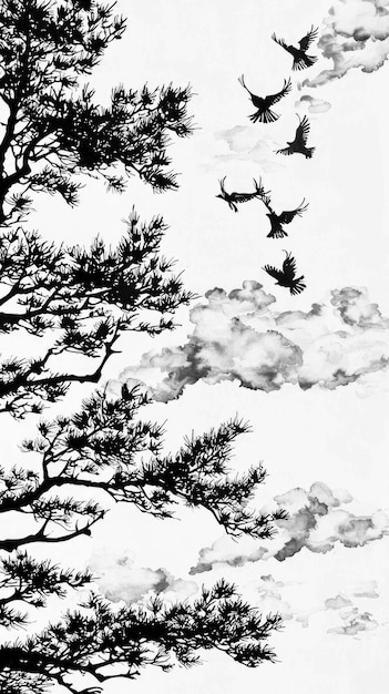 Silhouette of a Tree with Birds Flying in the Sky