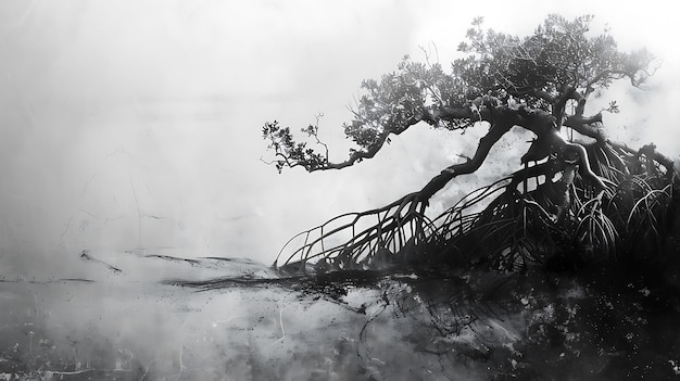 Silhouette of a Tree with Exposed Roots in a Foggy Landscape