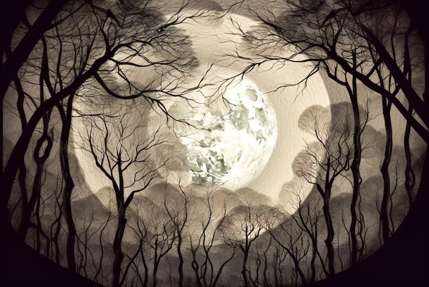 Silhouette of trees in the forest at night with full moon Generative AI