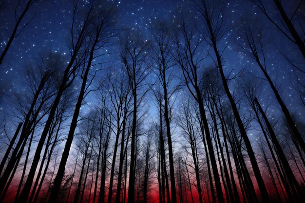 Silhouette of trees in the forest at night with stars