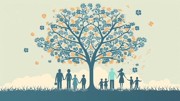 Silhouette of two families holding hands under a tree symbolizing connection and togetherness