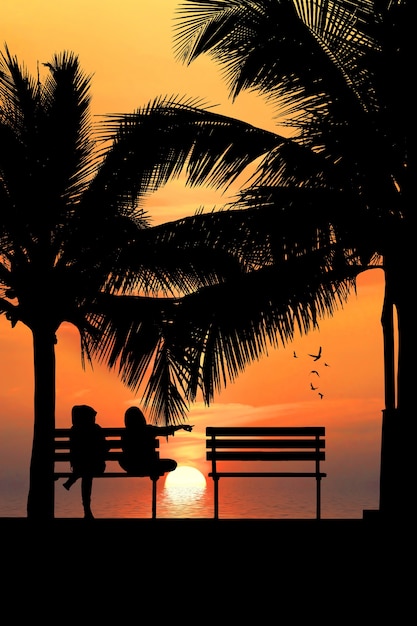 Silhouette of two friends sitting on wood bench near beach staring at flying bird