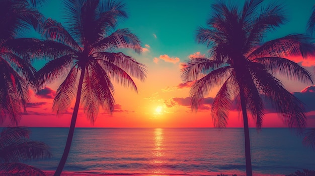 Silhouette of two palm trees on a beach at sunset