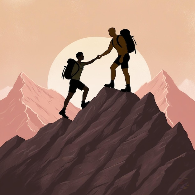 Photo silhouette of two people hiking climbing mountain and helping each other on top of mountain helping hand and assistance