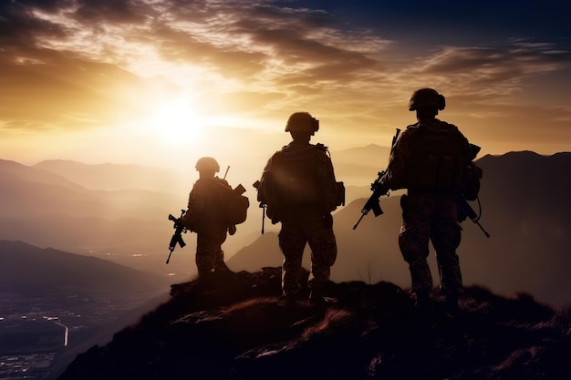 silhouette of united states army rangers on mountain at sunset with sun light