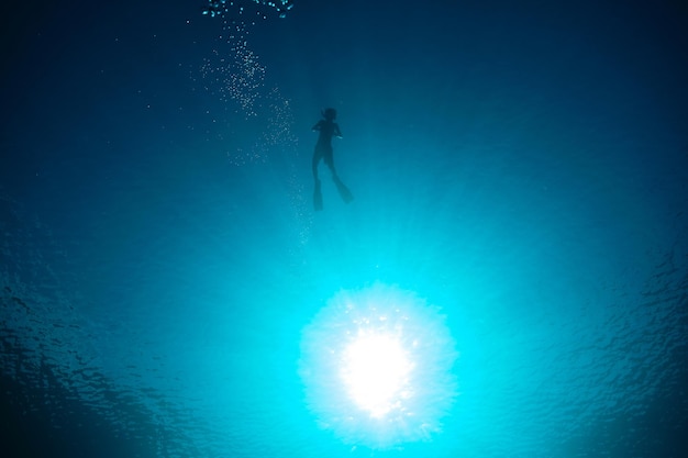 Silhouette of unrecognizable diver wearing diving flippers swimming in blue ocean during vacation