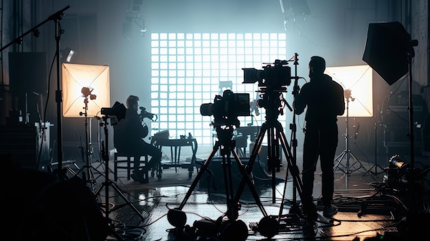 Silhouette of video production behind the scenes or B roll or making of TV commercial movie that film crew team lightman and cameraman working together with director in big studio with pro equipments