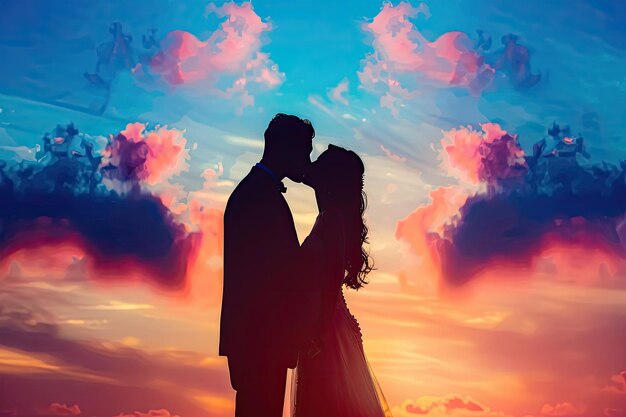 Silhouette of Wedding Couple Kissing and Holding Hands During Sunset