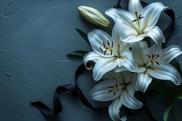 Silhouette of white lily flowers with black ribbon on dark gray background top view artistic flat