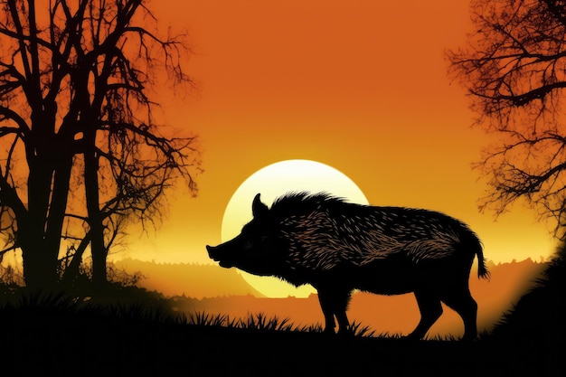 a silhouette of a wild boar in the sunset