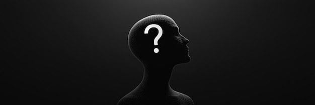 Silhouette of a wireframe head with a question mark on a dark background representing uncertainty and inquiry Ideal for abstract and conceptual themes